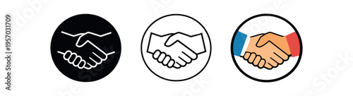 Three handshake icons in circular badges: filled black, outline, and colored handshakes