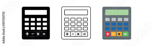 Calculator black, outline, colored flat vector icon
