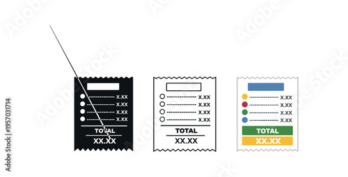 Three receipt icons in black filled, outline, and colored styles showing item lines and total
