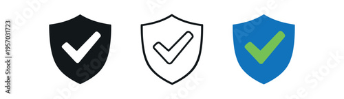 Three style icons of a shield with a check mark for verification in black, outline and colored variants