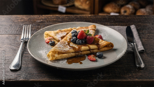 Berry topped crepes with syrup on rustic cafe table
