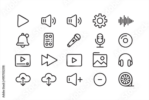 Media player control icon set with sound volume speaker microphone and playback symbols for UI design
