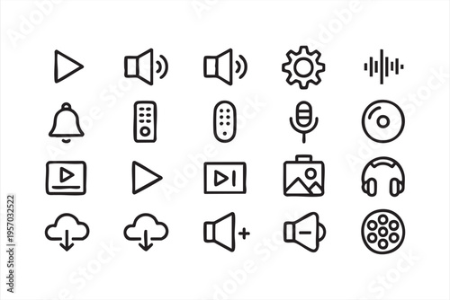 Mobile app interface icons featuring audio controls waveform microphone notification and cloud upload