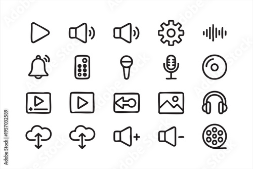Multimedia UI icon collection with play pause volume waveform and recording symbols for digital products