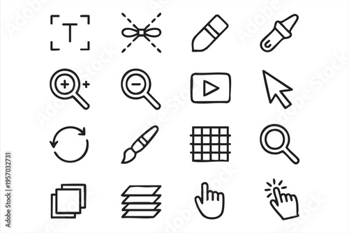 Design tool UI icons with zoom cursor brush crop grid and editing controls for apps