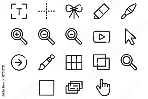 Creative software icon set with editing tools cursor zoom layers and interface elements