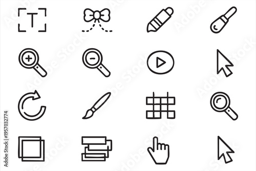 Digital editing interface icons with design tools zoom cursor layers and interaction symbols