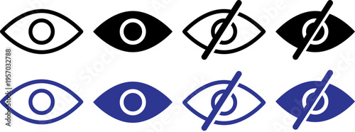 Eye visibility icon set for show or hide password security interface in black and blue vector style