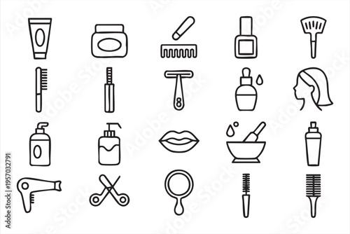 Beauty and cosmetics UI icons with makeup tools haircare products and salon equipment for apps