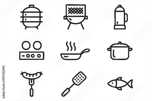 Cooking kitchen icons with bbq grill stove pan pot and utensils for food apps and menus