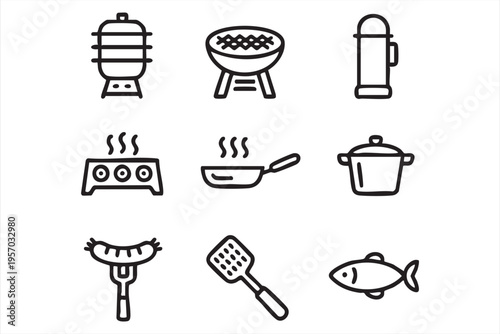 Culinary interface icons with cooking tools stove grill utensils and food preparation symbols