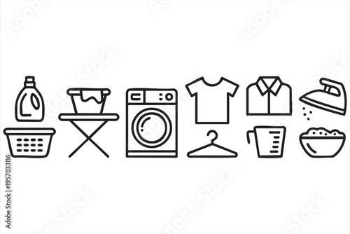 Household laundry icons with washing machine detergent basket and ironing tools