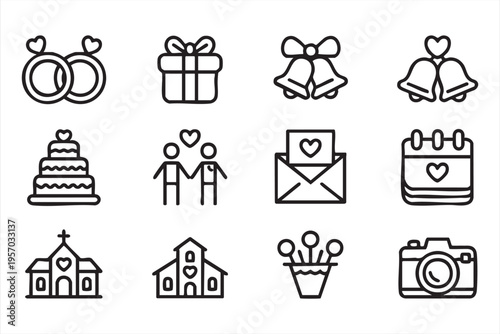 Wedding and love icons with rings invitation cake couple and church symbols for event planning
