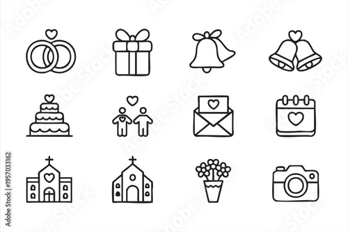 Romantic wedding icon set with engagement rings cake invitation and celebration elements