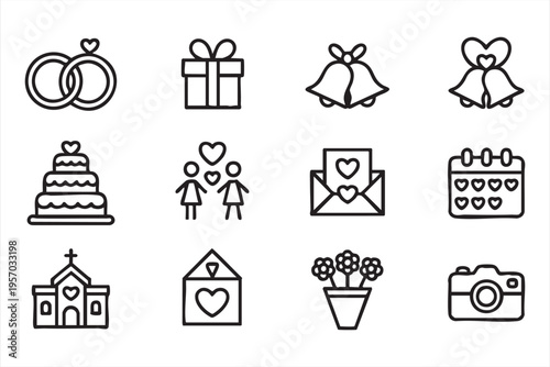 Marriage ceremony icon set with church rings invitation cake and romantic elements