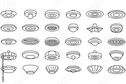 Interior lighting icon set with ceiling lamps downlights and illumination fixtures for architecture