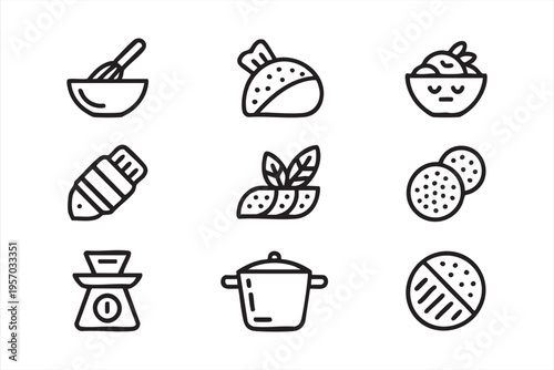 Restaurant and food delivery icons featuring meal bread bowl pot and recipe elements
