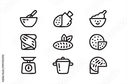 Bakery and cooking icon set with bread cookies sandwich and kitchen utensils