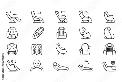 Massage chair icons with relaxation therapy recliner positions and wellness features for apps