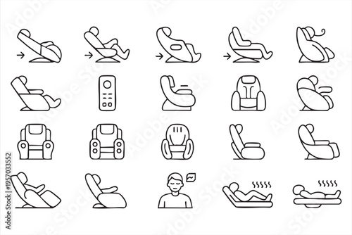 Wellness and spa icon set with massage chairs remote control and comfort therapy symbols
