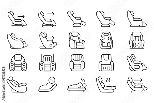 Relaxation chair UI icons with massage therapy heating vibration and ergonomic seating