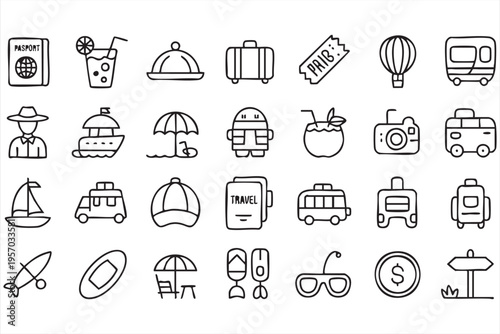 Travel and vacation icons with passport luggage ticket beach and tourism elements for apps