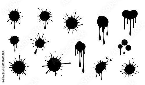 Halloween blood splashes and dripping silhouettes vector set with horror spots and stains on white background