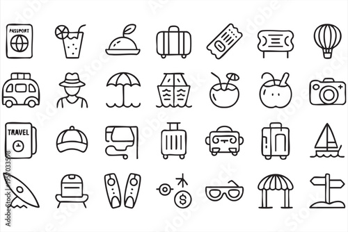 Vacation planning icons featuring travel essentials passport ticket luggage and beach items