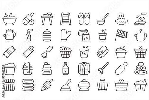 Spa and bath icons with sauna massage scrub towel and wellness tools for apps