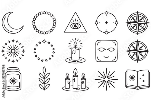Esoteric and spiritual icon collection with tarot symbols celestial elements and candles
