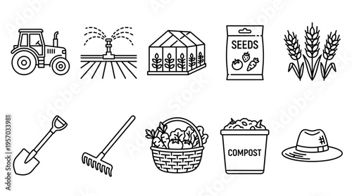 Farming and gardening icons set illustrates agricultural processes, tools, and produce, representing various aspects of cultivation and harvesting.
