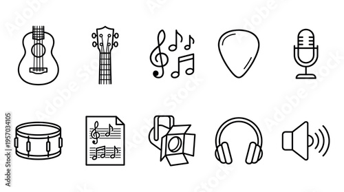 Music related icons collection featuring various instruments, audio equipment, and symbols for entertainment and creative projects.