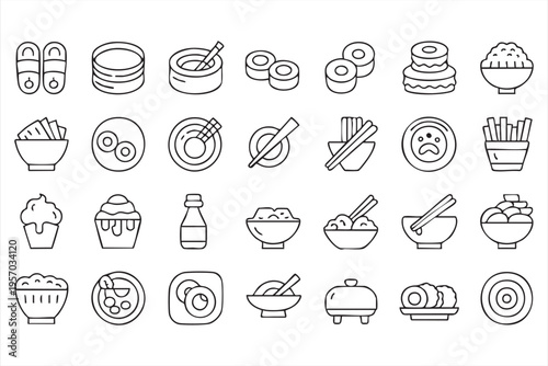 Asian cuisine icons with ramen rice dumplings and food menu symbols