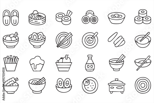 Asian street food icons with bowls noodles sauces and traditional meals