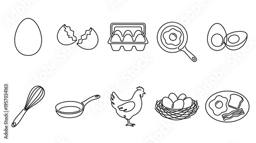 Eggs and breakfast related items line art icons set, including whole, cracked, fried, and boiled eggs, a chicken, whisk, frying pan, and breakfast plate.