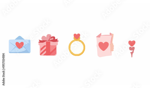 Valentine love story flat icon set with hearts gifts and romantic symbols modern vector collection