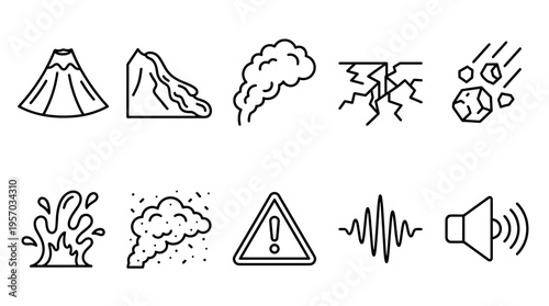 Natural disaster hazard warning emergency event icons representing various geological and environmental phenomena with associated alerts.