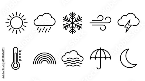 Weather icons set featuring various meteorological conditions and atmospheric phenomena including sun, rain, snow, wind, thunder, temperature, rainbow, fog, umbrella, and moon symbols.