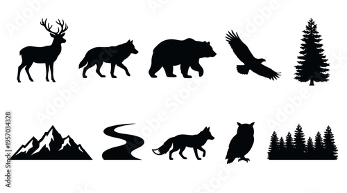 Wilderness animals and nature silhouettes collection featuring various forest creatures, majestic mountains, and natural landscape elements.