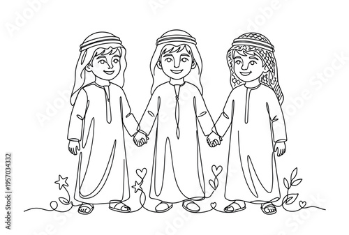 Three young boys wearing traditional Middle Eastern attire happily holding hands in a charming continuous line art illustration symbolizing friendship and unity.