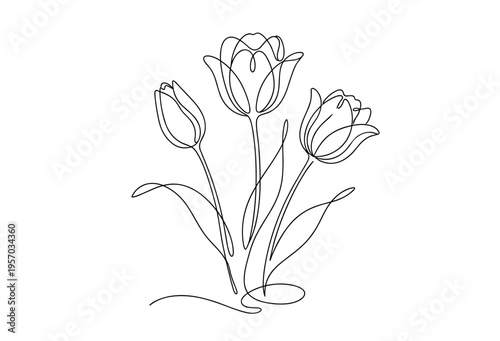 Three elegant tulip flowers drawn in a minimalist continuous line art style, capturing the essence of spring and natural beauty with simple, flowing strokes.