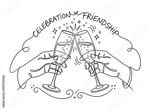 Two hands clinking champagne flutes together in a minimalist continuous line art illustration representing a joyous celebration of friendship and togetherness.