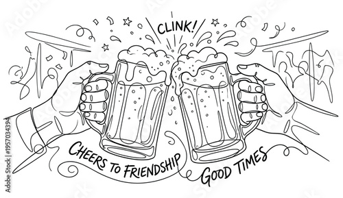 Two hands clinking beer mugs together in a festive continuous line art illustration celebrating friendship and good times with a joyful toast.