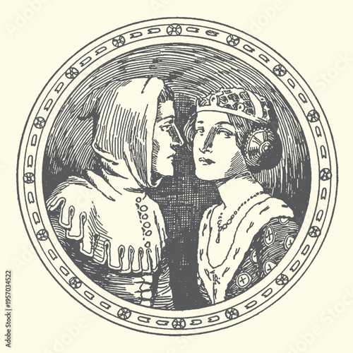 Vintage royal couple profile engraving in circular frame, historical monarchy artwork for heritage design