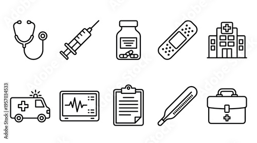 Medical icons and symbols representing various healthcare equipment, services, and facilities are neatly arranged in a clean, minimalist line art style.