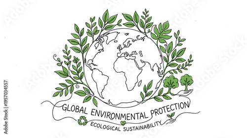 Earth globe surrounded by green leaves illustrating global environmental protection and ecological sustainability in a continuous line art style.