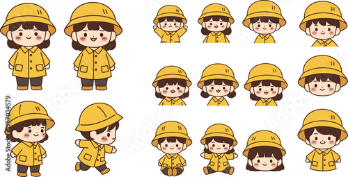 Cute Kids Raincoat Character Vector Set with Cartoon Children Wearing Yellow Rain Jackets and Hats in Different Poses for Weather Illustration Collection Design