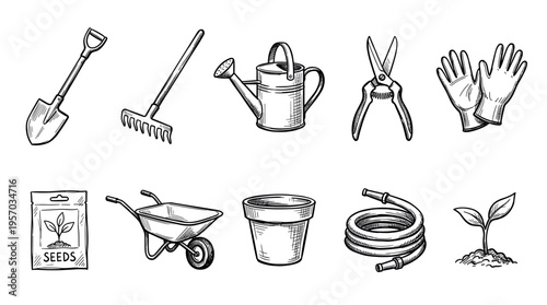 Gardening tools and supplies collection features hand-drawn illustrations of various essential items for planting, cultivating, and maintaining a beautiful garden.
