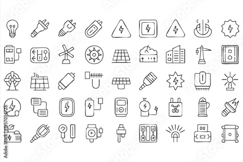Electric Energy Icon Set with Renewable Power and Technology Symbols