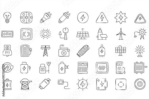 Power and Electricity Icons Collection with Solar Wind and Battery
